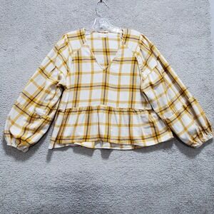 Altar'd State Top Womens Medium Yellow White Plaid V-Neck Flannel Balloon Sleeve